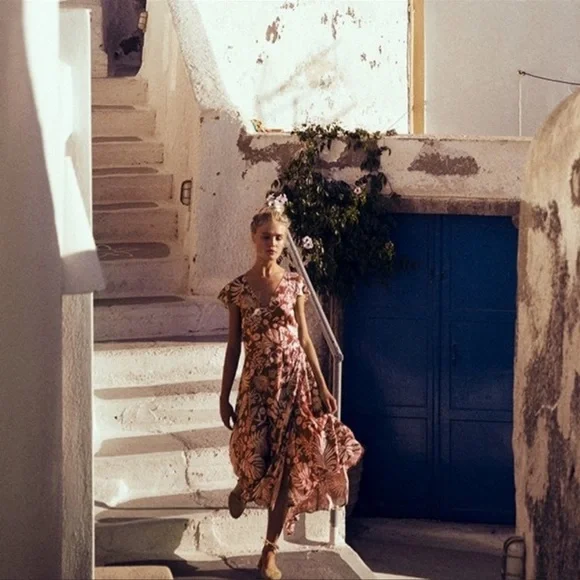 Arnhem Orange and White Tropical Floral Midi wrap Dress - Picture 3 of 9
